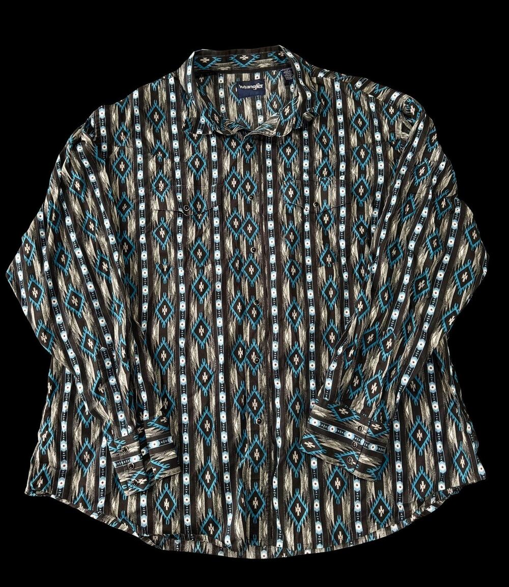 Wrangler Western Shirt 3X Blue Black Aztec Checotah Pearl Snap Cotton